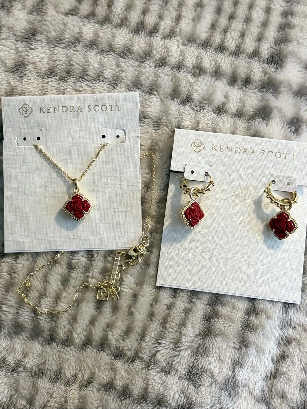 Kendra Scott Gold Necklace and Hoop Earrings with Red Rose Charms